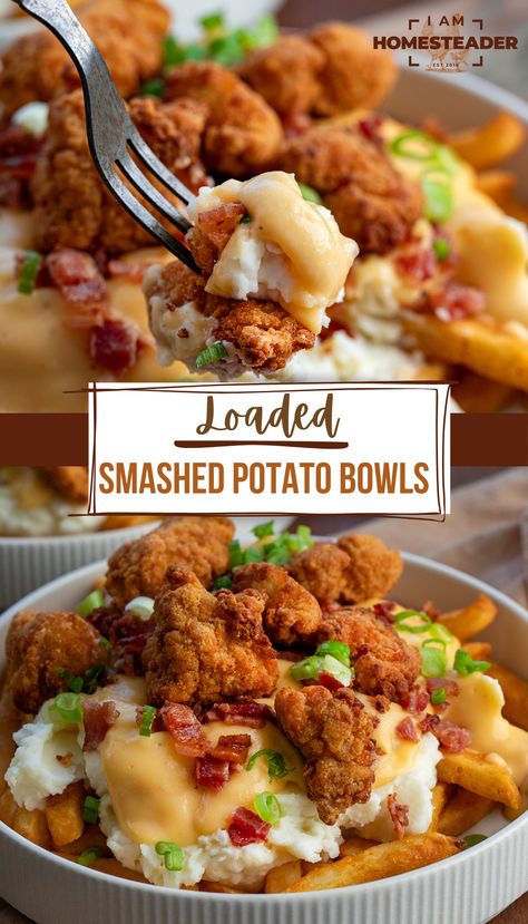 one image shows a chicken nuggets on a fork. the second shows a full loaded bowl. Mashed Potato Bowl, Mash Potato Dishes, Mashed Potato Bowls, Seasoned French Fries, Potato Bowls, Bacon Mashed Potatoes, Potato Bowl, Chicken Mashed Potatoes, Seasoned Fries