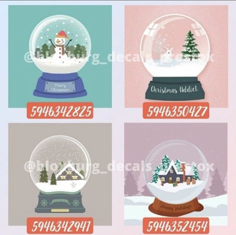 Nothing to put in posters for winter? Well put these cute snow globes in each room! (Not mine) Bloxburg Snow Outfit Codes, Picture Decals, Bloxburg Christmas, Bloxburg Aesthetic, Codes Bloxburg, Picture Codes, Snowy Cabin, Roblox Decals, Decals Codes