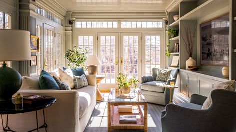 This sunroom transformation was awarded the 2023 A-List Award for best Traditional / Classic Living Space.  Located at the far end of the home, this room was underutilized so we added built ins and used calming blue and green tones to create a room the whole family now uses on a daily basis. Sunroom Greenhouse, Cabin Designs, New House Living Room, Arizona House, London Apartment, Coastal Grandma, Cabin Design, Mountain House, Green Tones