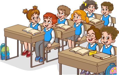 Illustration with kids and teacher in a classroom. Education illustration. Vector interior. Teacher with pupils in a classroom. Primary school kids. Children listen to teacher. Tools Vocabulary, Teachers Illustration, Student Clipart, Student Images, Illustration Traditional, Classroom Clipart, Student Cartoon, Kid Book, New School Aesthetic