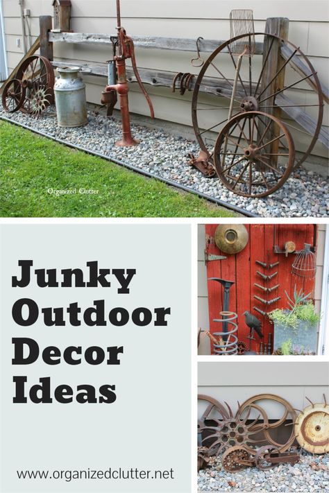 Awesome outdoor junk decor ideas galore! Farmhouse Backyard Decor, Front Yard Art Ideas, Yard Junk Decor, Country Farmhouse Outdoor Decor, Country Farmhouse Garden Ideas, Outdoor Wagon Decor Front Yards, Old Wagon Wheel Garden Ideas, Rustic Outside Decor Yards, Yard Metal Art