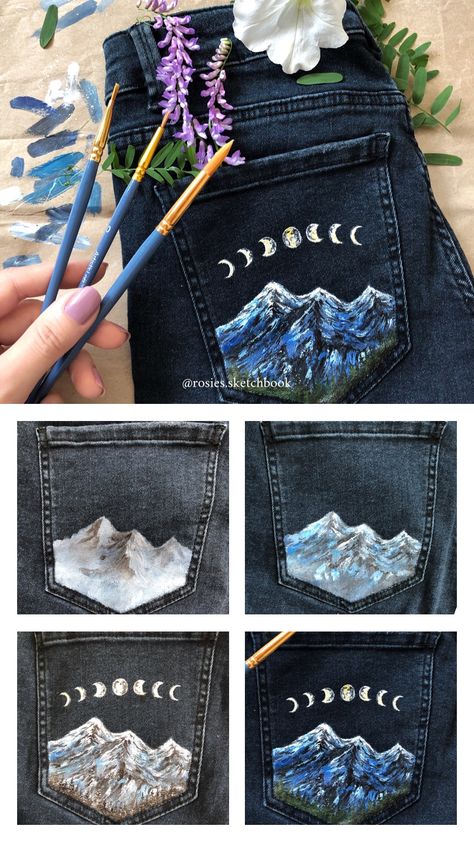 Jean Pocket Painting, Pocket Painting, Wedding Kids Outfit, Pocket Art, Mountains Painting, Painted Clothes Diy, Mini Tutorial, Mountain Painting, Denim Art