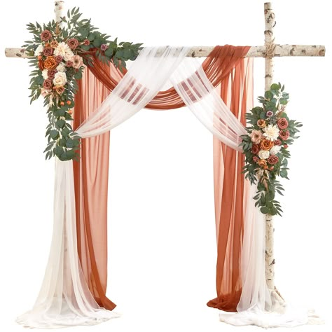 PRICES MAY VARY. PAKEAGE LIST: The wedding arch flower kit includes 1 X Corner flower swag of 39.5 x 31.5inch + 1 X Tie-back flower swag of 31.5 x 13.5inch + 2 X Sheer Fabric Drape of 315 x 29.5 inch + 6 X White Zip Straps of 17.7 inch (NOTE: Not Include Wood Stand). EXQUISITE DESIGN: Each set of beautiful wedding arch flowers is carefully designed and handcrafted by professional florist, who spend hours to create layers of flowers. Our flower swags are made of high-quality silk flowers with hig Decoration Terracotta, Fall Wedding Arches, Flower Swag, Expensive Flowers, Reception Backdrop, Terracotta Wedding, Draping Fabric, Wedding Arch Flowers, Arch Flowers