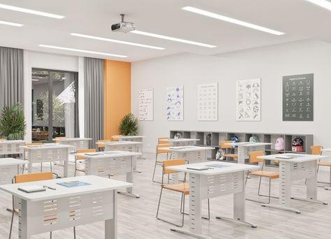 Math class interior design in a private school. on Behance Private Classroom Design, Modern School Interior, Modern School Design, School Interior Design Classroom, Classroom Interior Design, School Classroom Interior, Class Interior Design, School Interior Design, Classroom Architecture