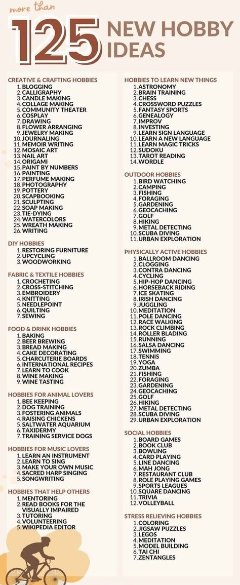 New habits idea You Need 3 Hobbies, Life Categories How To Organize, Hobbies To Keep You In Shape, New Things To Try List Of, Adulting List, List Of Lists To Make, Self Reward Ideas, 300 Things I Want List, Social Hobbies