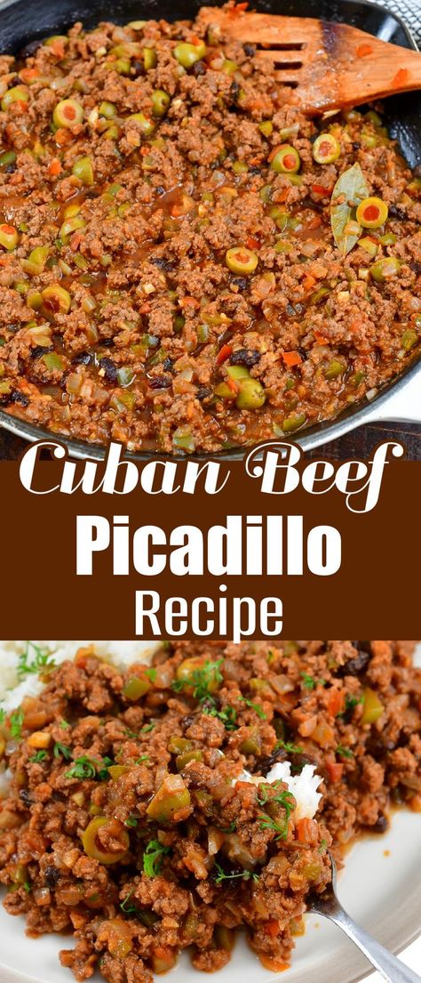 Picadillo is a traditional Latin American dish that is quite flavorful and comforting. This tasty dish consists of ground meat cooked with tomatoes, onions, peppers, aromatic spices, and a sprinkling of olives and raisins. It’s an easy weeknight dinner to enjoy year-round. Cuban Beef, Beef Picadillo, Picadillo Recipe, Will Cook For Smiles, Cooking With Ground Beef, Meat Eater, Beef Enchiladas, Dinner With Ground Beef, American Dishes