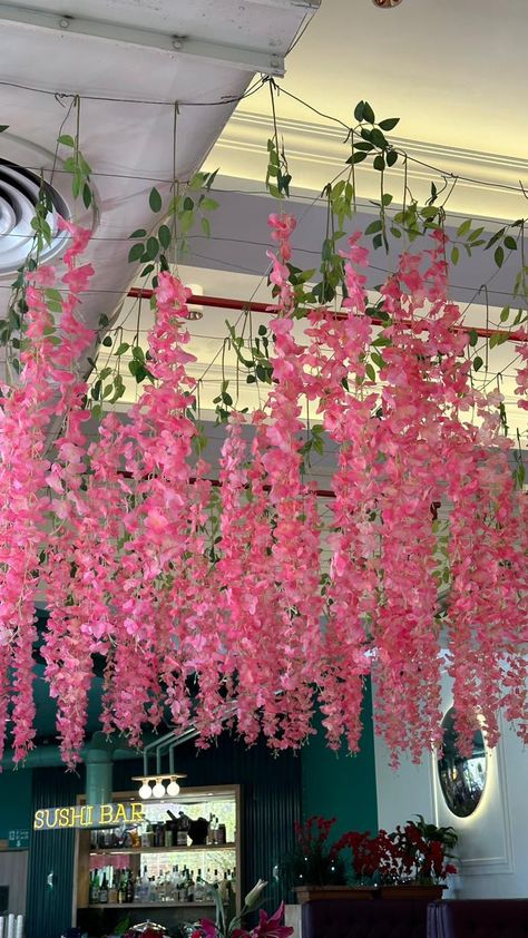 Ceiling Flower Installation, Hanging Flower Decor Diy, Flower Hanging From Ceiling, Flower Chandelier Diy, Arch Designs For Hall, Spiderman Birthday Cake, Flower Ceiling, Bakery Design Interior, Ganpati Decoration Design