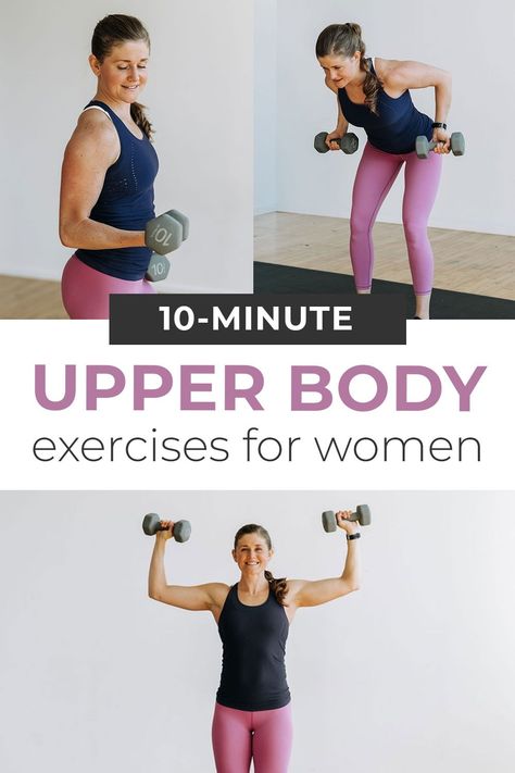 Get strong, toned arms with this 10-Minute UPPER BODY WORKOUT FOR WOMEN! These 5 upper body exercises target the chest, biceps, triceps and shoulders. All you need is a set of dumbbells to complete this home workout for toned arms. The goal is to build upper body strength and toned arms using a set of dumbbells to complete these five upper body exercises. Upper Body Exercises For Women, Upper Arm Exercises, Arm Workout Videos, Upper Body Strength Workout, Upper Body Dumbbell Workout, Free Weight Workout, Upper Body Exercises, Upper Body Workout For Women, Belly Pooch Workout