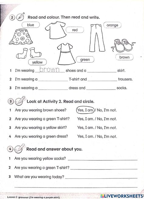 Clothes We Wear Worksheet, Read And Colour Worksheet, Clothes Worksheet, Colour Clothes, Read And Color, Teach English To Kids, Grammar English, Easy Drawings For Kids, English As A Second Language (esl)