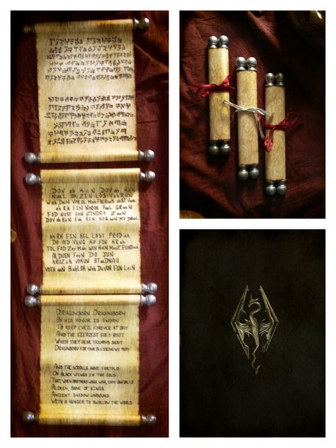 Skyrim scrolls.  Maybe I'll write my vows on a scroll :) Skyrim Wedding Theme, Skyrim Wedding, Skyrim Crafts, Skyrim Party, Shrek Wedding, Scroll Invitations, Skyrim Dragon, Gamer Wedding, Napkins Rings