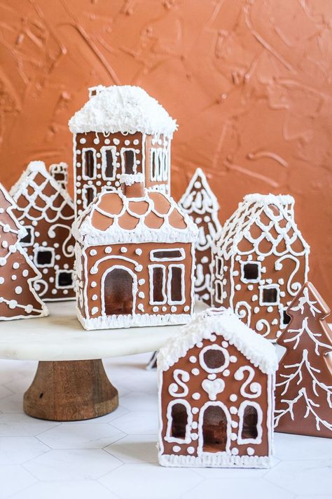 Gingerbread Paint Color, Diy Gingerbread Houses, Fake Gingerbread House, Diy Fake Gingerbread House, Fake Icing For Gingerbread House, Diy Painted Gingerbread House, Diy Wooden Gingerbread House, Diy Faux Gingerbread Decorations, Faux Gingerbread House