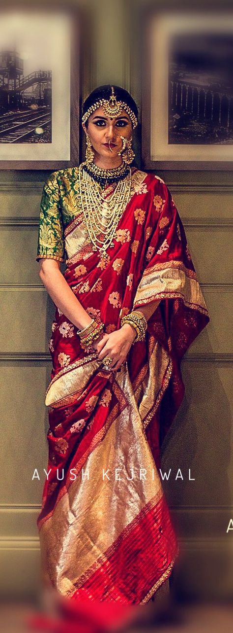 Benarsi Saris by Ayush Kejriwal or purchases email me at designerayushkejriwal@hotmail.com or what's app me on 00447840384707 We ship WORLDWIDE. Instagram - designerayushkejriwal Banarsi Saree Sabyasachi, Darbari Saree Look, Sabyasachi Red Benarasi Saree, Luxury Red Paithani Silk Saree, Rajasthani Royal Saree Look, Saree Bollywood, Sari Design, Salwar Kamiz, Elegant Saree