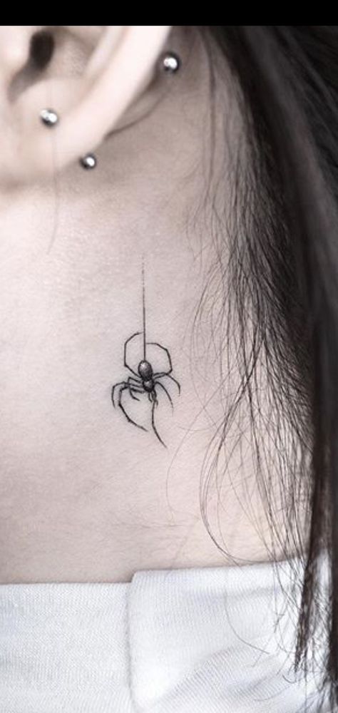 Behind Ear Spider Tattoo, Spider Behind The Ear Tattoo, Spider Line Tattoo, Spider Wrist Tattoo, Fine Line Spider Tattoo, Spider Tattoo Cute, Spider Tattoo Behind Ear, Hanging Spider Tattoo, Spider Behind Ear Tattoo