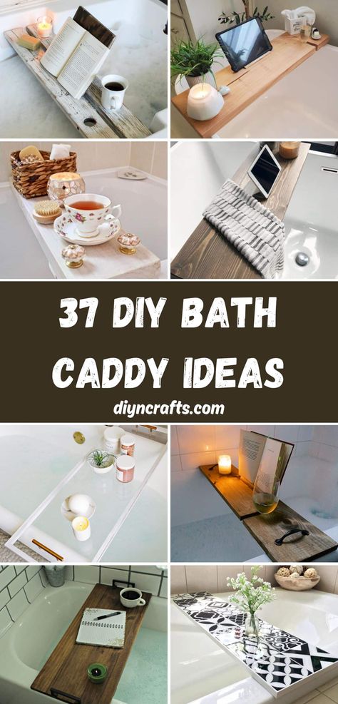 37 DIY Bath Caddy Ideas (Functional and Decorative) Bath Caddy Decor, Bath Board Ideas, Bath Caddy Styling, Bath Caddy Ideas, Bathtub Caddy Diy, Diy Bathtub Tray, Bath Caddy Diy, Wood Bathtub, Diy Wood Stain