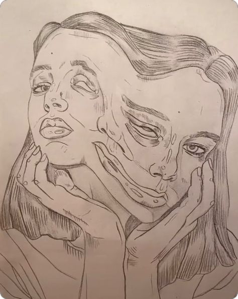 Hands On Face Drawing, 2 Faced Drawing, Emo Drawing, Small Drawing Room Interior Design, Small Drawing Room Interior, Awesome Drawing Ideas, Small Drawing Room, Drawing Base Poses, Cool Drawing Ideas