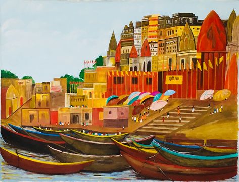 Ghats of Benaras ( Varanasi )  Acrylic on canvas ;36”/48” Varanasi Painting Acrylics, Benaras Paintings, Varanasi Illustration, Varanasi Painting, Nature Paintings Acrylic, Coke Studio, Sketch Images, Kerala Mural Painting, Abstract Painting Techniques