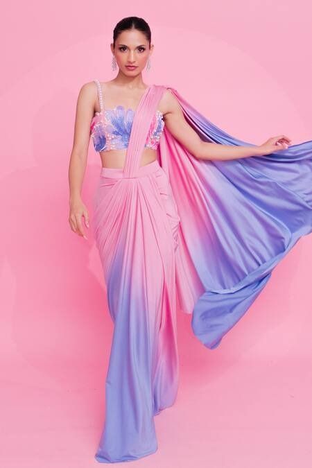 Buy Pink Saree Lycra Embellished Crystal Blouse With Ombre Pre Draped For Women by Anshika Tak Label Online at Aza Fashions. Crystal Saree, Pre Draped Saree, Indian Dress Up, Draped Saree, Fancy Sarees Party Wear, Padded Blouse, Simple Sarees, Drape Saree, Saree Designs Party Wear