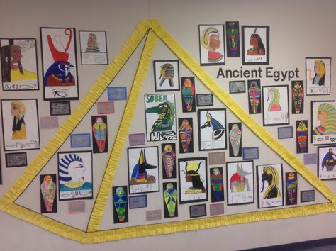 Ancient Egypt Bulletin Board.   Oil profiles, colorful mummies, & hieroglyphs using ink stamping. Ancient Egypt Classroom Decorations, Ancient Egypt Classroom Display, Ancient Egypt Art Projects Middle School, Egyptian Art Projects Middle School, Egypt Display, Ancient Egypt Elementary Art, Ancient Egypt Display, Ancient Egypt Unit Study, Ancient Egypt Activities