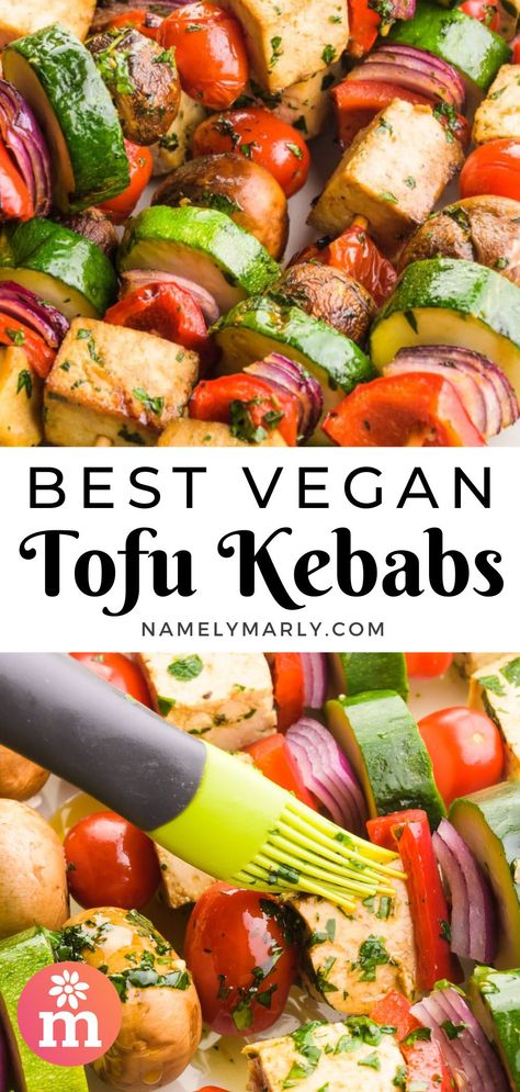 These Vegan Tofu Kebabs will make summer meals extra special! Made with marinated tofu and veggies, it's the BEST every grilling recipe. #vegankebabs #vegankebabsrecipe #vegankebab #vegan #summer2021 #vegansummerrecipes #namelymarly Tofu Kebab, Vegan Kebab, Tofu And Veggies, Roasted Tofu, Vegan Taco Salad, Vegan Meatloaf, Creamy Soup Recipes, Vegan Summer Recipes, Vegan Beef