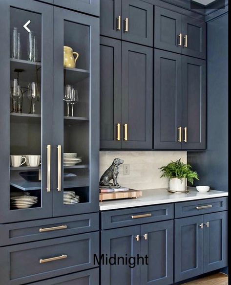 Kitchen Cabinets Makeover Colors 2023, Dark Blue And Brass Kitchen, Deep Blue Kitchen, Blue Kitchen Cabinets With Gold Handles, Glossy Blue Kitchen Cabinets, Bluegrey Cabinets, Stainless Still Apron Sink Woth Blue Cabinets, Navy Kitchen Cabinets, Blue Gray Kitchen Cabinets