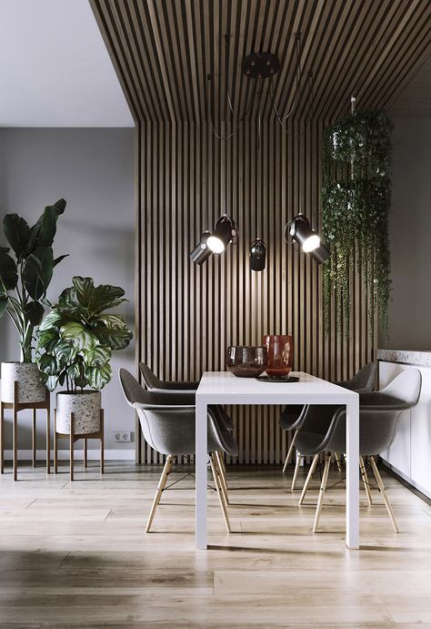 Interiors That Use Plants As Part Of The Palette Tv Fal, Dining Room Accents, Room Accent Wall, Wood Slat Wall, Wood Accent Wall, Interior Modern, Slat Wall, Wood Slats, Dining Room Design