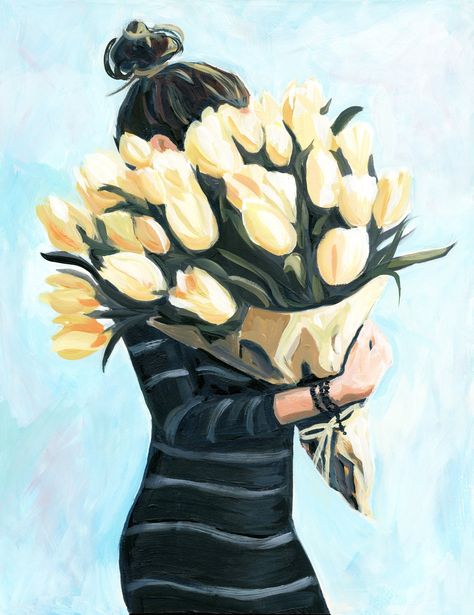 Farmers Market Flowers, Market Flowers, Woman With Flowers, Painting Of A Woman, Tulips Art, Yellow Tulips, Floral Prints Art, Botanical Flowers, Smooth Background