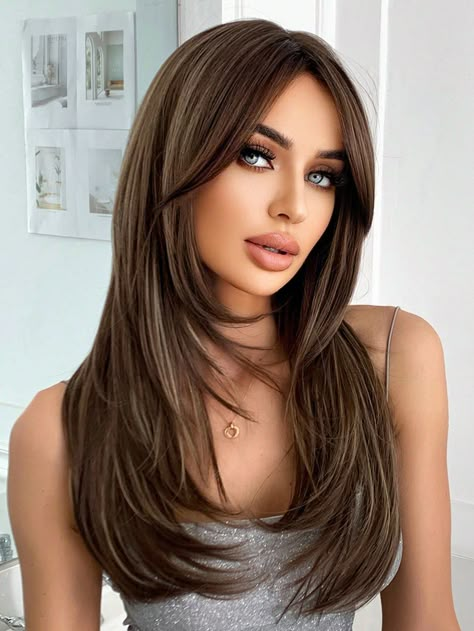 Piano Color  Collar  Synthetic Fiber  Bangs Wig Embellished   Wigs & Accs Brunette Hair Shades, Spring Hair Color Trends, Elegance Hair, Spring Hair Color, Round Face Haircuts, Hair Shades, Spring Hairstyles, Long Straight Hair, Feathered Hairstyles