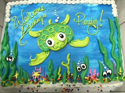 Sea turtle cake Ocean Theme Sheet Cake, Sea Turtle Birthday Cake, Sea Turtle Birthday, Under The Sea Turtle, Sea Turtle Cake, Turtle Birthday Cake, Cake Sheet, Rodjendanske Torte, Turtle Birthday Parties