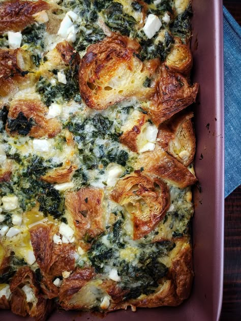 Croissant Strata with Spinach, Feta and Gruyere | Salt Sugar Spice Croissant Strata, Baked Breakfast Casserole, Strata Recipes, Breakfast Strata, Croissant Breakfast, Croissant Recipe, Spinach Feta, Breakfast Casseroles, Spinach And Cheese