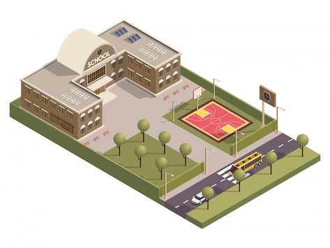 Basketball Ground, Street Background, Daycare Design, Minecraft City, Isometric Art, Isometric Design, Recreation Centers, School Building, City Design