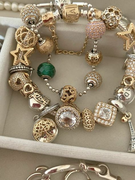 Silver Pandora Bracelet With Gold Charms, Pandora Bracelet Silver And Gold, Gold And Silver Pandora Bracelet, Pandora Silver Bracelet, Pandora Bracelet Charms Ideas, Pandora Bracelet Designs, Dope Jewelry Accessories, Gold Bracelet Set, Wrist Jewelry