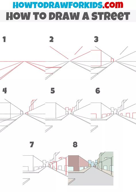 How To Draw A City Step By Step, How To Draw Cities, How To Draw City, Road Drawing, Landscape Drawing Tutorial, Building Drawings, Scene Drawing, Easy Drawing Tutorial, Building Drawing