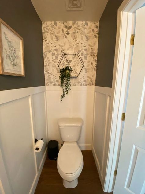 Bathroom Remodel Toilet Closet, Toilet Closet Accent Wall, Peel And Stick Wallpaper Half Wall, Board A D Batten Bathroom, Bathroom Toilet Accent Wall, Bathroom Ideas With Accent Wall, Board And Batten In Bathroom Half Baths, Bedroom Wallpaper Accent Wall Farmhouse, Bathroom With Peel And Stick Wallpaper