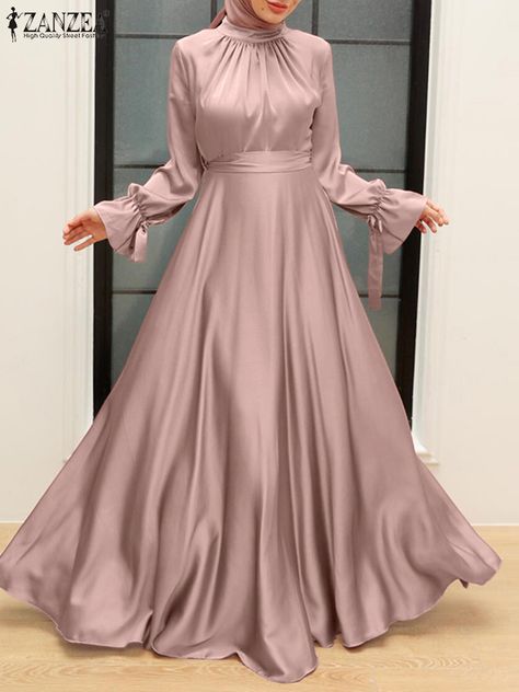 2023 ZANZEA Spring Women Satin Sundress Muslim Maxi Dress Long Sleeve Solid Dubai Turkey Abaya Hijab Muslim Maxi Dress, Muslim Dress Abaya, Modest Clothing Women, Estilo Hijab, Abaya Hijab, Maxi Design, African Maxi Dresses, Muslim Dress, Modest Clothing