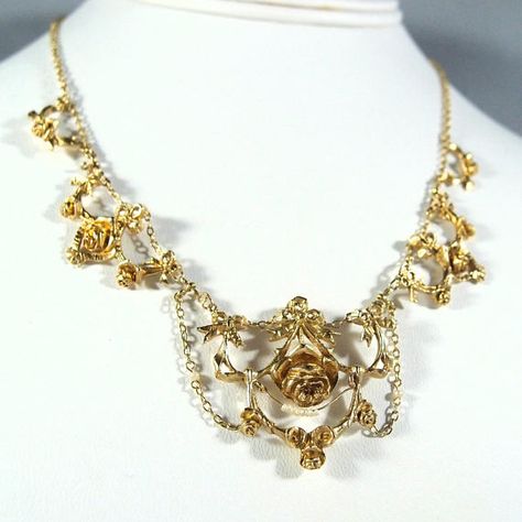 Victorian era drapery necklace #Stamped #18K solid #gold and pearls French rose design Delicate festoon and flowers Fine gold jewelry  Genuine period piece!  Details are available following the description:  This fabulous drapery necklace is in 18K solid gold.  It is fully hallmarked.  It features 5 patterns of roses and small p... #18k #stamped #jewelry #estate ➡️ https://www.etsy.com/midwestartobjects/listing/545297314/victorian-era-drapery-necklace-stamped?utm_campaign=products&utm_content=ab Gold And Pearls, Medieval Necklace, Spring Court, Period Piece, Modern Gold Jewelry, Gold Baroque, Shoes Heels Classy, Fine Gold Jewelry, French Rose