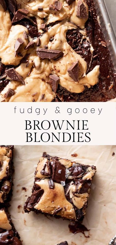 Brownie blondies are two delicious desserts in one! They are half brownie and half blondie with a fudgy and gooey texture. This recipe is easy to make with no mixer and simple ingredients that comes out perfect every time! Brownie Blondies, Cambrea Bakes, Vanilla Brownies, Blonde Brownies, Chocolate Blondies, Fudgy Brownie Recipe, Healthy Granola Bars, Decadent Chocolate Desserts, Brownie Toppings