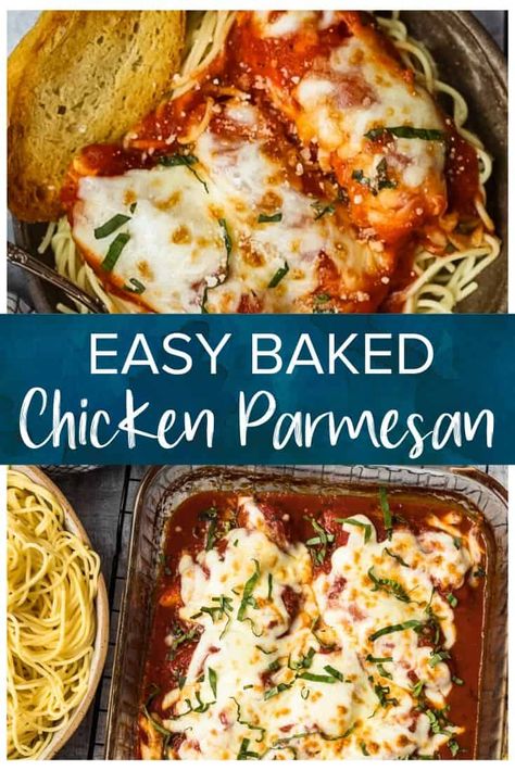 A cheesy Easy Chicken Parmesan recipe that's baked and not fried. Only 5 ingredients needed to make this delicious classic, perfect for a hearty weeknight meal! Chicken With Marinara, Baked Chicken Marinara, Cheesy Baked Chicken, Chicken Parmesan Recipe Easy, Chicken Marinara, Chicken Saltimbocca, Marinara Recipe, Chicken Parmesan Recipe, Easy Chicken Parmesan