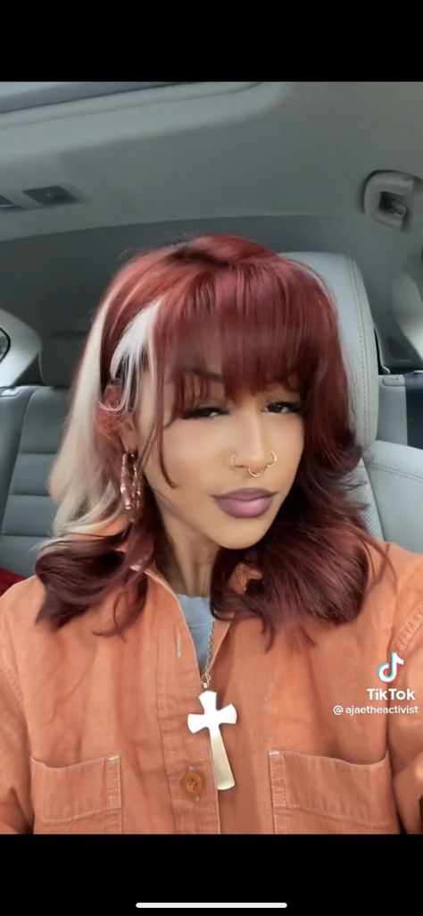 Red And White Hair Black Women, Split Dyed Hair Light Brown And Blonde, Burgundy Hair With White Streak, Color Highlights Black Women, Red N Blonde Hair, 3 Tone Hair Color Highlights, Hair Peak A Boo, Dyed Hair Inspiration Light Skin, Two Strands Of Hair Dyed