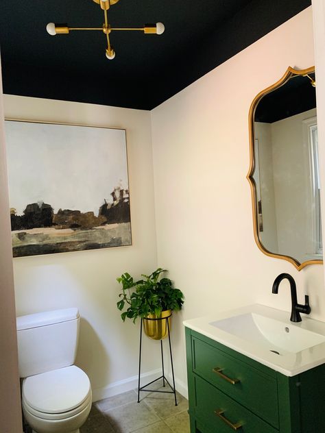 Black ceiling, mid mod vibes, green vanity Powder Room With Dark Ceiling, Dark Painted Ceilings Bathroom, Green Room Black Ceiling, Dark Ceiling Bathroom Ideas, Dark Blue Ceiling Bathroom, Bathroom Green Ceiling, Black Ceiling Powder Room, Dark Bathroom Ceiling Ideas, Dark Green Ceiling Bathroom