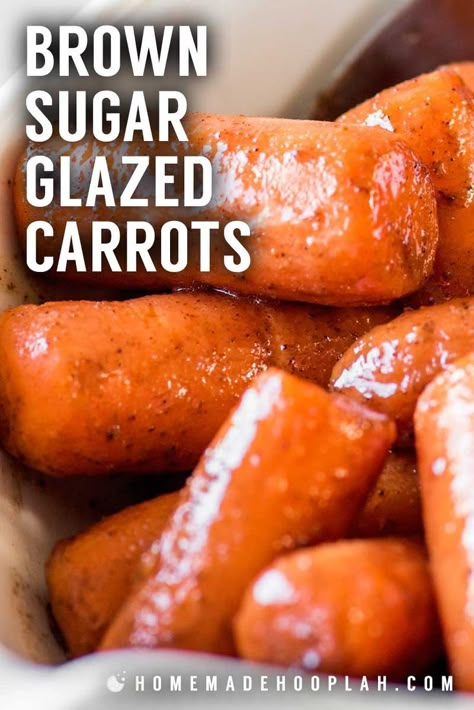 Brown Sugar Glazed Carrots! Tender sauteed baby carrots cooked in a reduced sauce of brown sugar, honey, and pumpkin pie spice. A side dish with a dose of comfort food wholesomeness! | HomemadeHooplah.com Carrots Cooked, Carrot Recipes Side Dishes, Glazed Baby Carrots, Brown Sugar Glazed Carrots, Carrots Side Dish, Glazed Carrots Recipe, Bbq Side Dishes, Brown Sugar Glaze, Fall Comfort Food