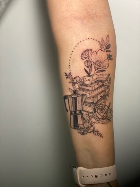 Coffee Book Tattoo, Book And Plant Tattoo, Book Coffee Tattoo, Plants And Books Tattoo, Coffee And Book Tattoo, Books Coffee Tattoo, Book And Coffee Tattoo, Coffee And Flowers Tattoo, Tattoo Book With Flowers