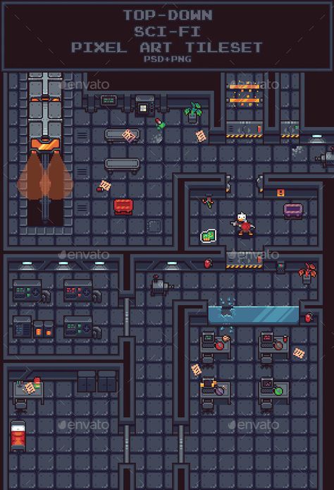 Top-Down Sci-Fi Pixel Art Tileset by SadBeaver | GraphicRiver Top Down Pixel Art, Pixel Art Tileset, 2d Pixel Art, Top Down Game, Game Level Design, Sci Fi Games, Art Pixel, Pixel Art Background, Space Games