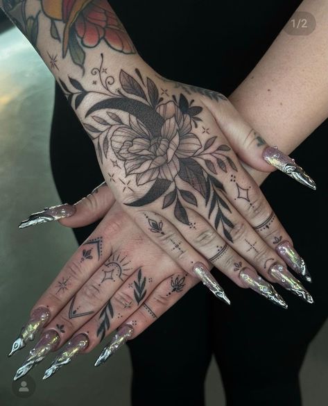 Hand Cover Ups Tattoos, Black Rose Hand Tattoo For Women, Female Hand Tattoos Ideas, Hand Filler Tattoos, Cool Hand Tattoos Women, Large Hand Tattoos For Women, Dream Catcher Hand Tattoo, Whole Hand Tattoos For Women, Hand Flower Tattoos For Women