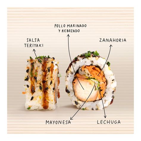 🤤TORI BANSAI 🤤 El sushi ofrece infinidad de combinaciones,😍 también para aquellos a los que no les acaba de convencer el pescado crudo. Hoy os presentamos a esta ricura, el TORI BANSAI, con pollo rebozado y marinado, lechuga, mayonesa, zanahoria y salsa teriyaki. Teriyaki Sushi, Breakfast Sushi, Pollo Teriyaki, Sushi Menu, Sushi Recipes, Sushi Rolls, Urban Street, Japanese Food, Street Food