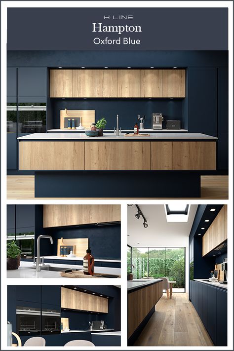 Dark kitchens are all about the drama and this dark blue combination with a wood effect textured finish is the epitome of modern kitchen design. Masterclass Kitchens distribute kitchens across to independent retailers across England, Wales and Scotland Dark Blue Combination, Dark Blue Kitchen, Dark Kitchens, Dark Blue Kitchens, Blue Kitchen Designs, Blue Combination, Modern Kitchen Design Black, Handleless Kitchen, Textured Wood