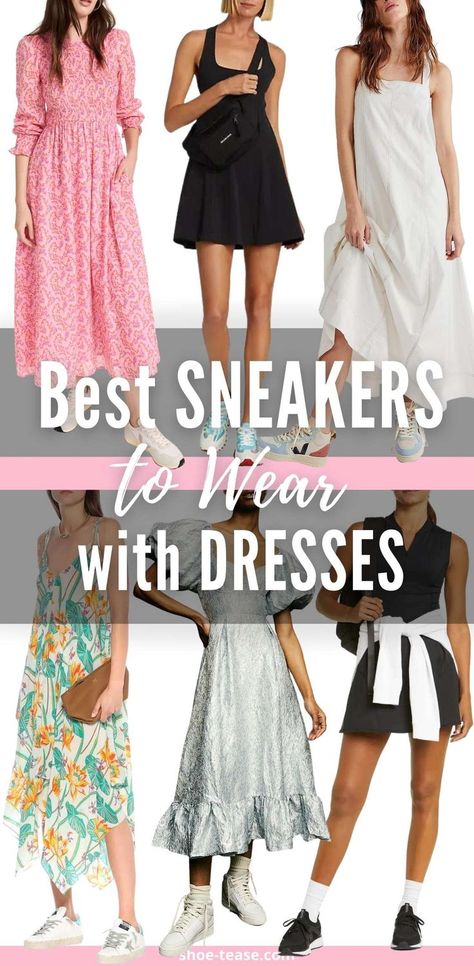 Collage of 6 women wearing various sneakers with dresses under white text reading best sneakers to wear with dresses shoe-tease.com on white background. Sneakers For Dresses, White Sneakers With Dress, Sneakers To Wear With Dresses, Platform Sneakers Outfit, Dresses With Tennis Shoes, Dressy Sneakers, Sneakers Outfit Work, Dress And Sneakers Outfit, How To Wear Sneakers