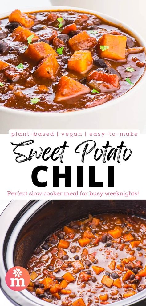 Sweet Potato Chili Crockpot, Gluten Free Chili Recipe, Cooked Sweet Potatoes, Black Bean Chili Recipe, Beans Recipe Crockpot, Sweet Potato Black Bean Chili, Beans In Crockpot, Potato Chili, Slow Cooker Sweet Potatoes