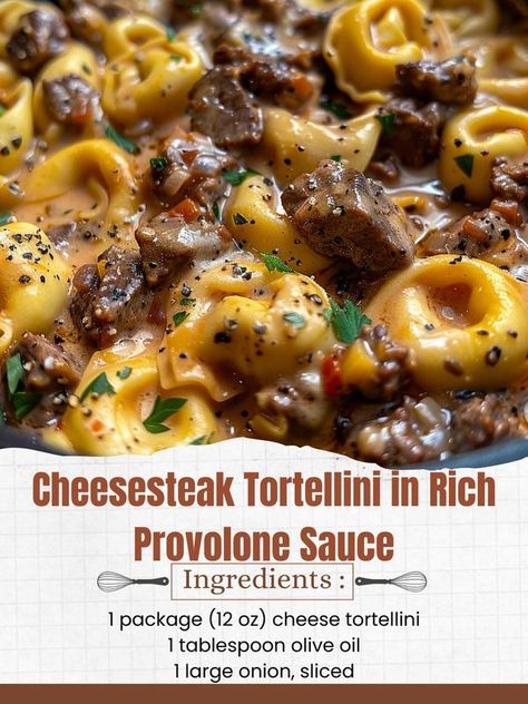 Steak Tortellini, Sauteed Peppers, Tortellini Recipes, Beef Sirloin, Pizza Recipes Homemade, Cheese Tortellini, Sauteed Veggies, Hearty Dinner, Provolone Cheese