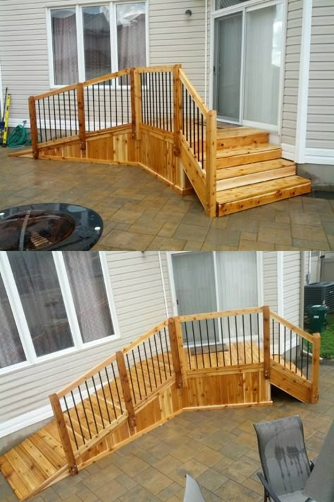 new stairs for wheelchair accesibiltiy>>> See it. Believe it. Do it. Watch thousands of spinal cord injury videos at SPINALpedia.com Handicapped Deck Ideas, Wheel Chair Ramps Ideas Front Porches, Porch Ramp Ideas, Wheelchair Home Design, Wheel Chair Ramps Ideas, Deck Ramp Ideas, Wheelchair Stairs, Wheelchair Decorations Ideas, Mobile Home Stairs