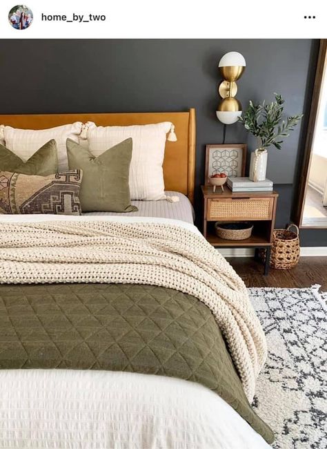 Green Bedding Master, Green Comforter Bedroom, Olive Bedroom, Tan Bedroom, Olive Green Bedrooms, Sage Bedroom, Earthy Bedroom, Sage Green Bedroom, Brown Bedroom